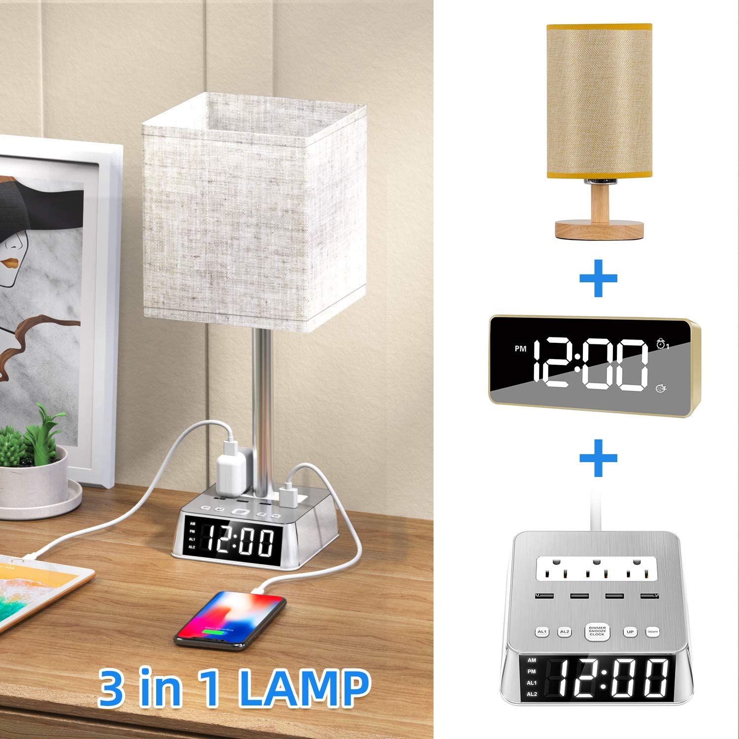 Table Lamp, 4 USB Ports &amp; AC Power Outlets, Alarm Clock - My Store