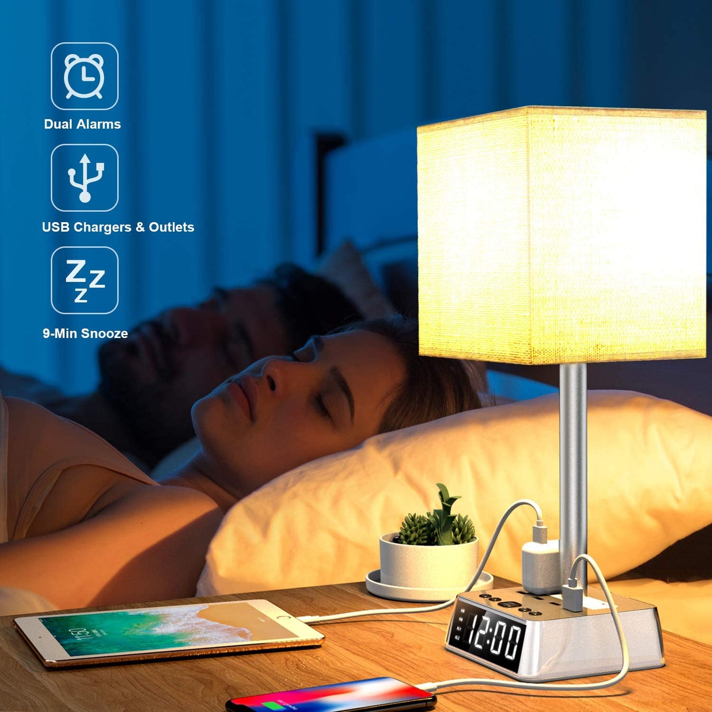 Table Lamp, 4 USB Ports &amp; AC Power Outlets, Alarm Clock - My Store