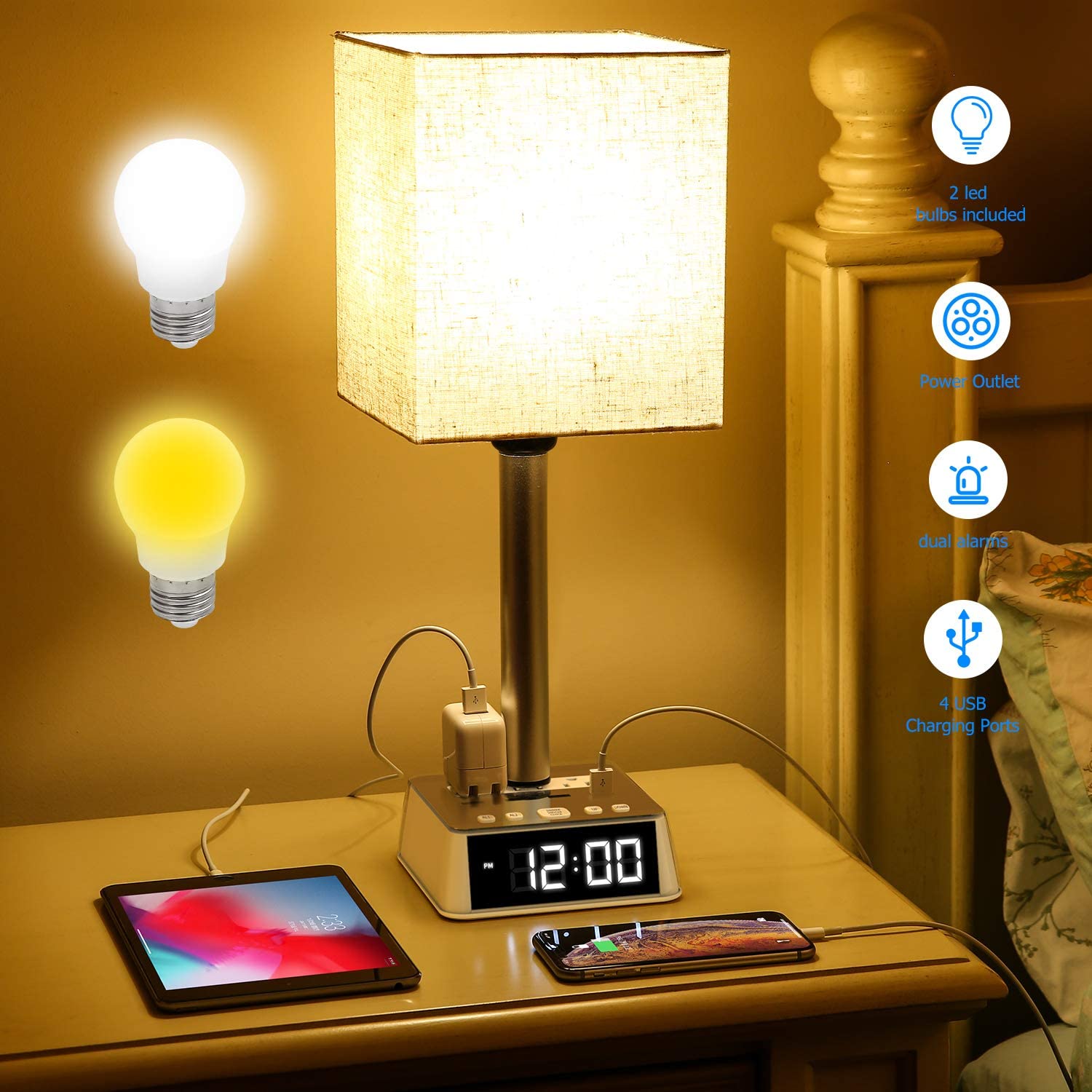 Table Lamp, 4 USB Ports &amp; AC Power Outlets, Alarm Clock - My Store